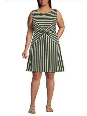 Lands' End Twist Dress Size 1X Green Striped Sleeveless Stretch Womens Coastal